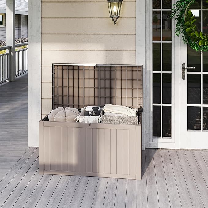 PATIOEASY Outdoor Storage Box 180GAL Waterproof Resin Deck Box,UV-Resistant Lockable Package Delivery Bin for Garden Tools,Large Patio Outside Cushions,Pool Accessories Supplies,Chest,Light Coffee
