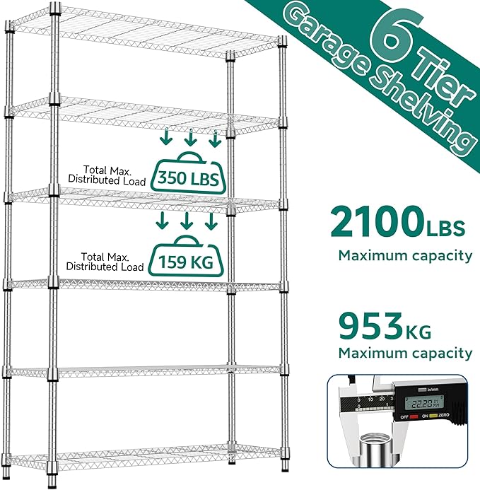 M MZG 6 Tiers Shelf 2100 lbs Steel Storage Shelving Utility Shelving Unit Steel Organizer Wire Rack for Home,Kitchen,Office,Garage Chrome 17.7" D x 47.2" W x 82.4" H