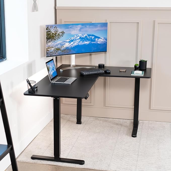 VIVO Electric Corner 63 x 47 inch L-Shaped Standing Desk, Memory Height Adjustment, Black Top Black Frame, DESK-E3CTB-47