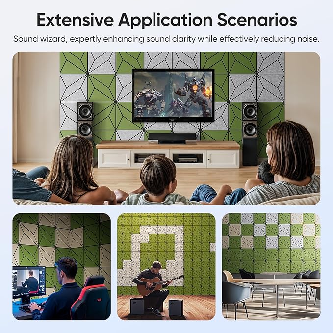 UNECHO 12 Pack 12" X 12" X 0.47" Acoustic Panels for Wall Sound Absorbing, Dual-Color P-Stripes Square Self-Adhesive Sound Panels, High Density Suitable for Multiple Scenarios(Black+DarkGreen)
