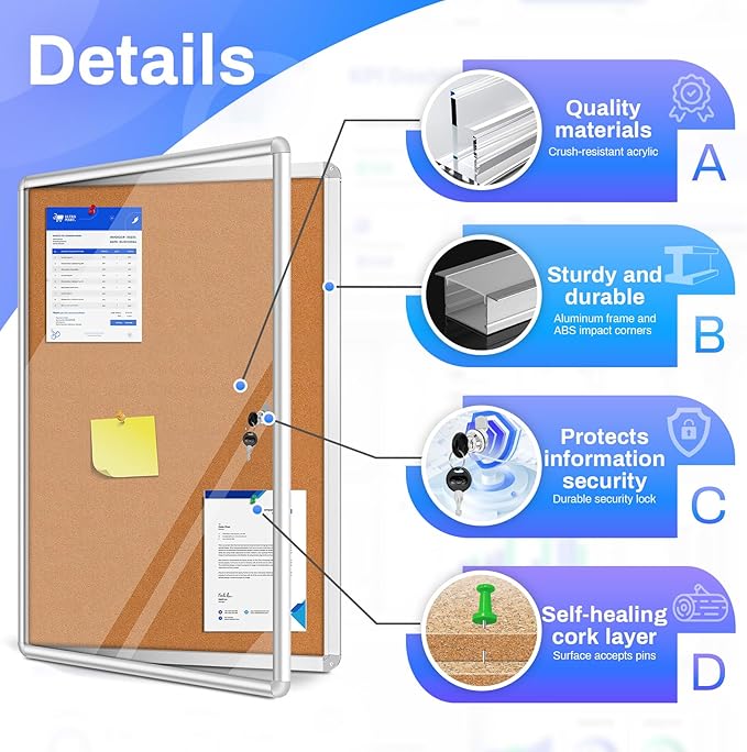 Magula Enclosed Cork Bulletin Board Tamper-Proof Dispaly Case, Aluminium Frame, Shatter Resistant Lockable Bulletin Board, Enclosed Cork Board for School, Office, Commercial, Hospital etc(24"x18")