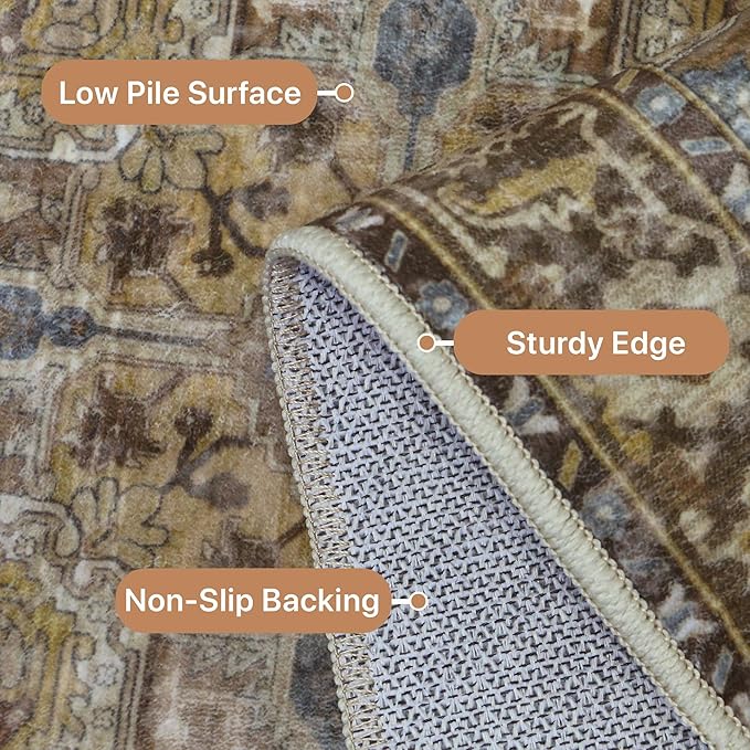 GENIMO 2'6''x7 Runner Rugs for Hallway, Machine Washable Non Slip Vintage Rugs, Low Pile Lightweight Soft Print Rug for enrtyway, Corridor, Home Office, Kitchen, Rustic Brown