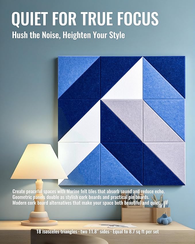 PebblingQ Felt Wall Tiles Bulletin Board, Marine Blue White Panels, Modular Decorative Boards for Home Office, Kids Room, Nursery, DIY Geometric Art Display, 18 Pack 11.8" Triangle Tiles (Marine)