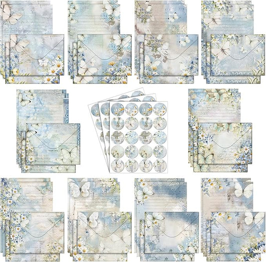 TaoBary 160 Pcs Stationery Paper Set 50 Double Sided Stationery Papers with 50 Matching Envelopes and 60 Round Dot Sticker, 10 Design (Serenity Junk,8.25 x 5.5 Inch)