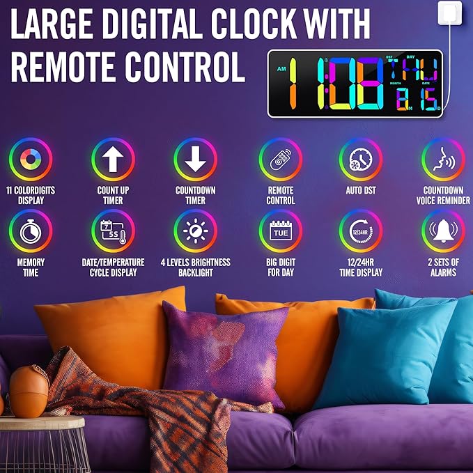 KMMKGG Large 13.7" LED Digital Timer（5''Nunmber）, 11 Color Changing, Count Up/Down Timer with Remote Control, Adjustable Brightness Wall Clock for Home, Office, Gym, Elderly, Auto DST