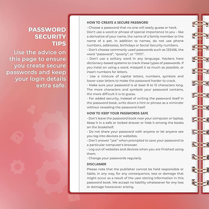 Clever Fox Password Book Spiral – Internet Address & Password Organizer with Laminated Alphabetical Tabs – Password Keeper Journal – Hardcover, Medium Size, 6.1x7.7” (Red)