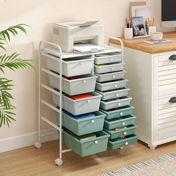 LDAILY 15 Drawer Rolling Storage Cart, Rolling Cart with Drawers for Classroom, Art Supply Craft Organizer on Wheel with Metal Frame & Handles for Home Office School (Gradient Green, 15 Drawer)