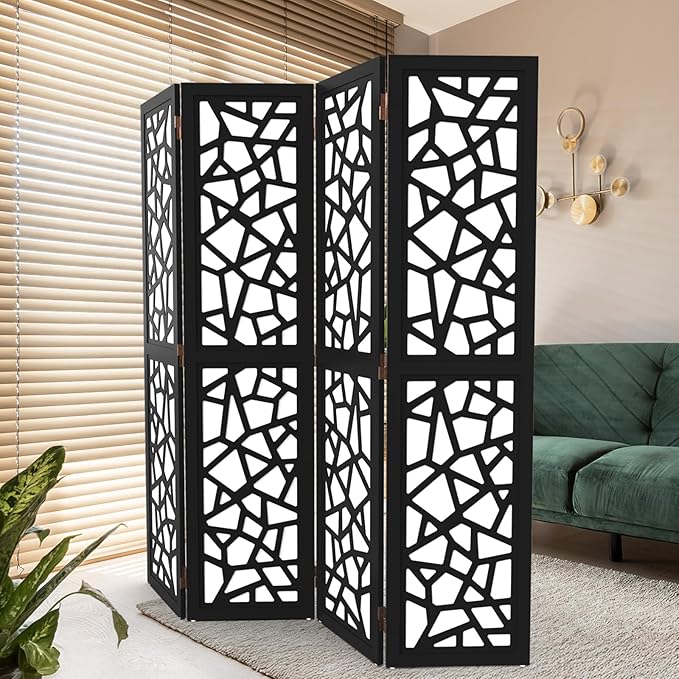 VINGLI 70'' H Room Divider, Non-Woven Fabric Privacy Screen, Indoor Partition Wall Dividers, Freestanding Hinged Space Separator with Modern Unique Pattern (Black, 4 Panel)