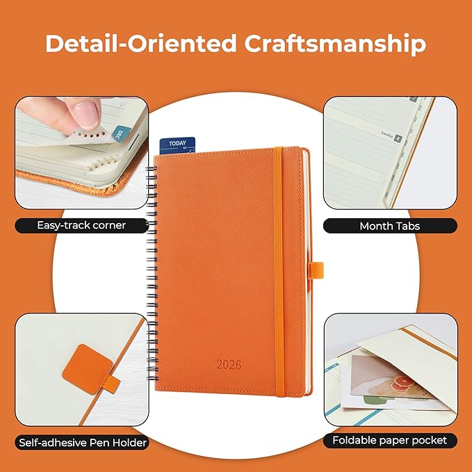 IN-LUXPRO Planner 2026 Daily Weekly and Monthly,8.5"x6.5",12 Months Spiral Bound Calendar Agenda with Self-adhesive Pen Holder,2026 Appointment Book with Vegan Leather Soft Cover,Orange