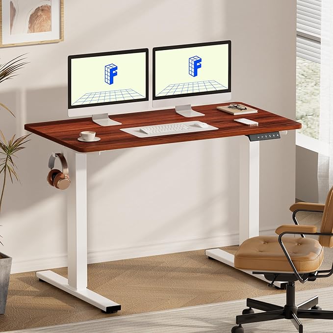 FLEXISPOT EN1 One-Piece Standing Desk with 1-Inch Thick Seamless Desktop, 55"x28" Electric Height Adjustable Desk for Home Office, Multi-Monitor Setups & Easy Assembly, Mahogany