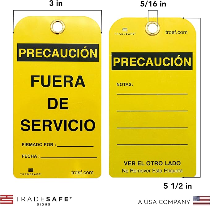 TRADESAFE Spanish Out of Service Tags, Fuera de Servicio - 30 Yellow Caution Sign with 30 Cable Ties, Durable 32 mil Vinyl, Caution Tags for Equipment Repair or Service, Accident Prevention