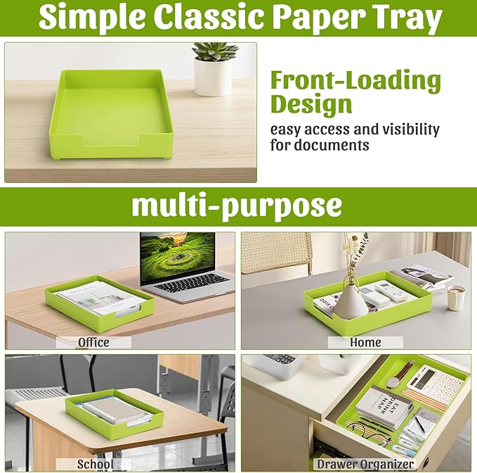AZFUNN Letter-Size Tray Desk Letter Tray Paper Tray, Sturdy Heavy-Duty Plastic Printer Paper Tray, Single-Tier Stackable File Storage Organizer for Office Home (1, Green)