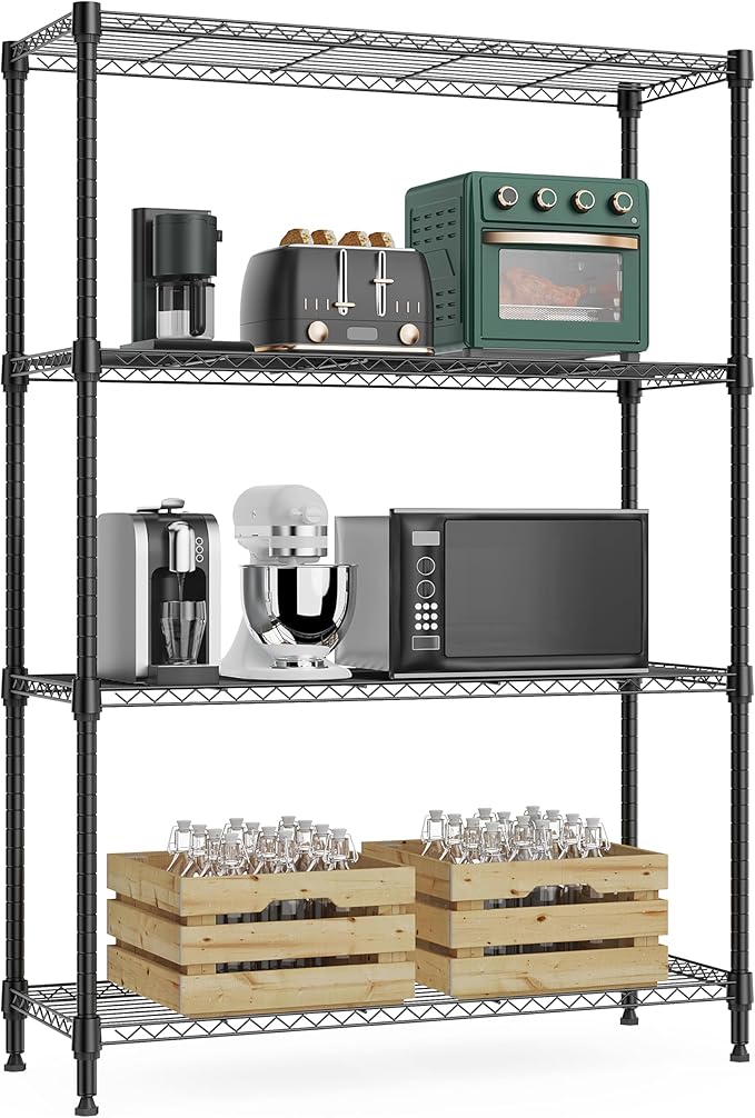 M MZG 1000 lbs 4Tier Shelf Metal Storage Shelves Wire Rack Closet Organizers with Wheel for Garage Kitchen Bathroom Laundry Black 13.7" D x 29.5" W x 47.2" H