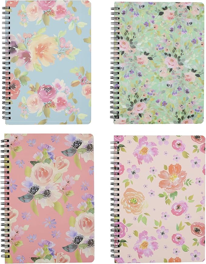 Yansanido Spiral Notebook, 4 Pcs A5 Thick Flower Design Hardcover 8mm Ruled 4 Color 80 Sheets -160 Pages Journals for Study and Notes (flower)
