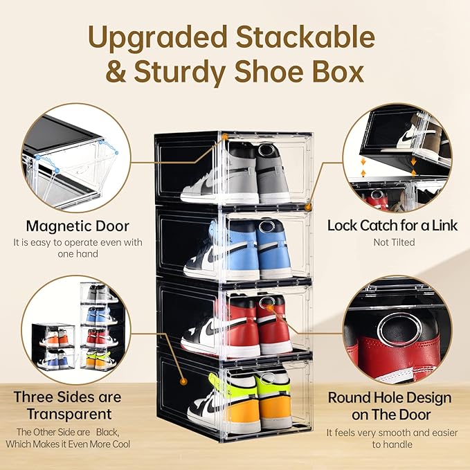 Amllas 10 Pack Shoe Boxes Stackable,Upgraded Sturdy Storage Boxes with Clear Magnetic Door,Multifunctional Sneaker Organizer Fit up to US Size 12 (13.8”x 9.84”x 7.1”)