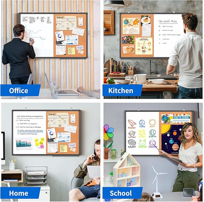 Magnetic White Board and Cork Board Combo, 36 X 24 inches Whiteboard Bulletin Combination Board, Wall Mounted Dry Erase Message Board for Home, School and Office, Black
