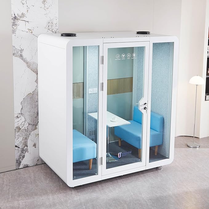 Mobile Office Pod Booth, Sound Pod, Large Space SoundProof Pod 2-4 People, Sound Booth Mobile Roller, LED Lighting, Centrifugal Fans and AC USB Ports - for 2-4 Persons White
