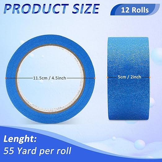 Oleitodh 12 Rolls Blue Painters Tape Bulk 2 inch x 660 Yards, Painters Masking Tape No Residue Wall Painting Tape Artist Tape Trim Edge Finishing Tape for Wall Painting Decoration DIY Supplies