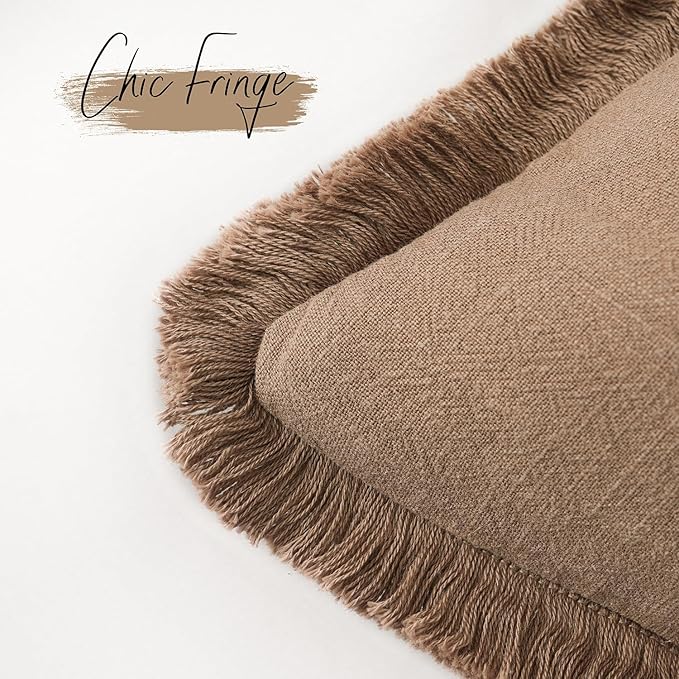 Foindtower Set of 2 Decorative Linen Fringe Throw Pillow Covers Cozy Boho Farmhouse Cushion Cover with Tassels Soft Accent Pillowcase for Couch Sofa Bed Living Room Home Decor,18×18 Inch,Khaki Brown