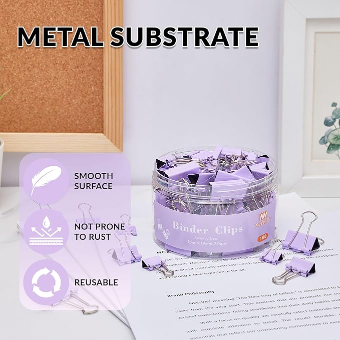 NEEWAY 100 Count Binder Clips Assorted Sizes, Paper Binder Clips (0.6inch 0.75inch 1inch), Metal Paper Clamps for Office and Home