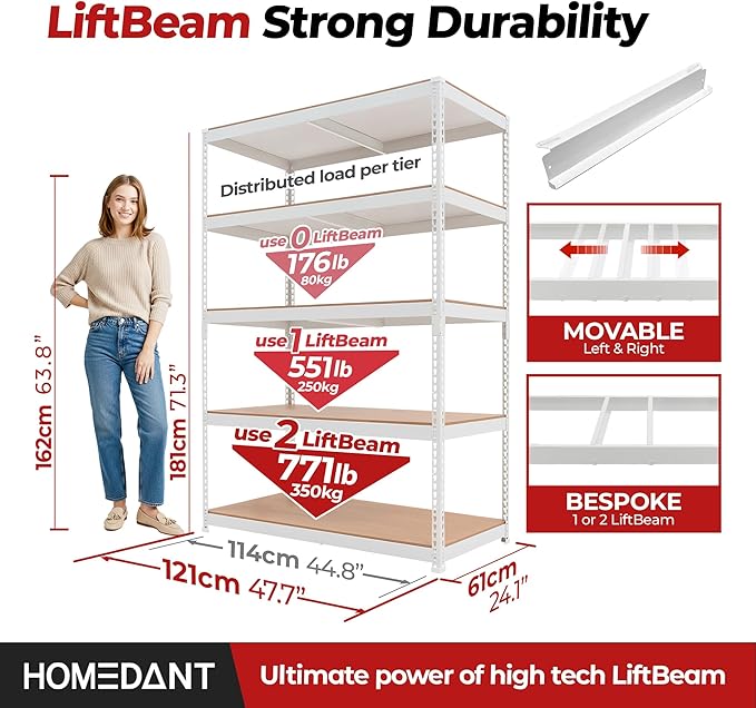 HOMEDANT 47.7" W Deep 5 Tier Heavy Duty Garage Shelving Adjustable Metal Rack Storage Shelves Standing Shelf Unit Organizers Industrial Warehouse Basement White 1Pack