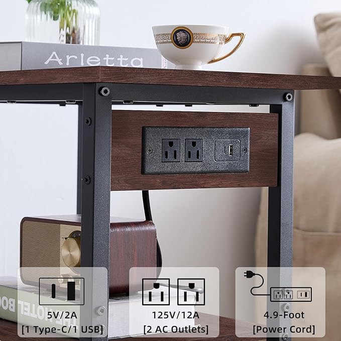 Lerliuo 3-Tier Printer Stand with Charging Station, Industrial Mobile Printer Table with Storage Shelf and Steel Frame, Rolling Printer Cart Holder with Lockable Wheels for Home, Office (Walnut)
