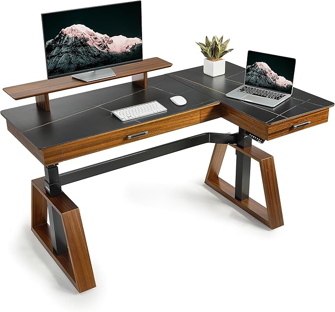 EUREKA ERGONOMIC Electric Standing Desk with Dual Drawers,63 Inche Executive Desk,Height Adjustable L-Shaped Office Desk, Computer Workstations with Monitor Stand,Right/Black