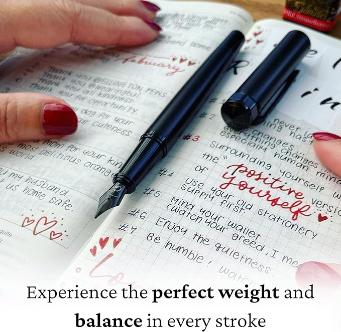 Ellington Pens Luxury Fountain Pen Set - Fountain Pens for Writing - Smooth Nib - 24 Ink Cartridges Special Bundle - Includes Refillable Ink Converter, Calligraphy, Journaling, Sketching (The Stealth)