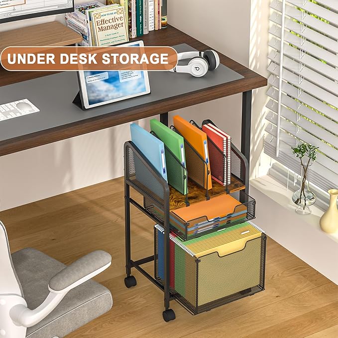 Tiaoheka Rolling File Cabinet with Adjustable Dividers, Mobile Filing Cabinet with 2 Storage Drawers on Lockable Wheels, Hanging File Organizer Beside Under Desk for Office, Home（Patent Pending）