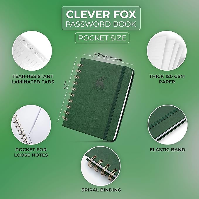 Clever Fox Password Book Spiral – Mini Internet Address & Password Organizer with Laminated Alphabetical Tabs – Small Password Keeper Journal – Hardcover, Pocket Size, 4.7x5.7” (Dark Green)