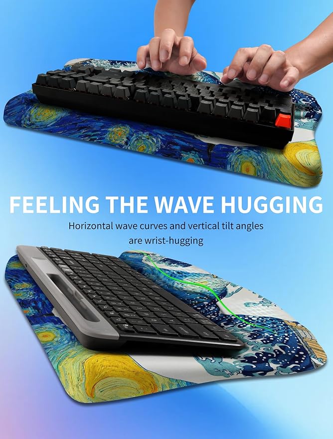 KUOSGM Ergonomic Wave Wrist Rest with Keyboard Stand, Cushioned Palm Rest, Comfortable Integrated Memory Foam for Natural Typing and Relieve Wrist Pain, Starry Night Waves