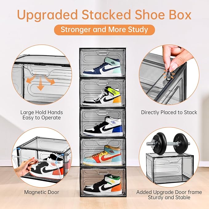 Amllas New Gray 8 Pack Shoe Boxes Stackable, Large Shoe Storage Organizer with Lids,Drop Side Shoe Containers for Entryway,Sneaker Storage Fit up to US Size 13 for Men/Women(13’’x 10.6”x 8.3”)