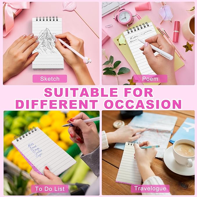 Tenceur 2 Pcs Pocket Notebook Small 3x5 Inch Spiral Notepads Mini Top Bound Notebook with Lined 120 Pages Ruled Memo Pads for Office College Nurse Essentials Back to School Gift (Glitter Pink)