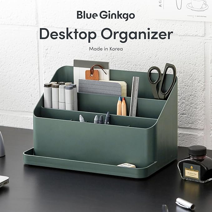 BLUE GINKGO Desk Organizer – Korean-Made Office Storage for Pens, Notes, Mail, and Supplies (Green)