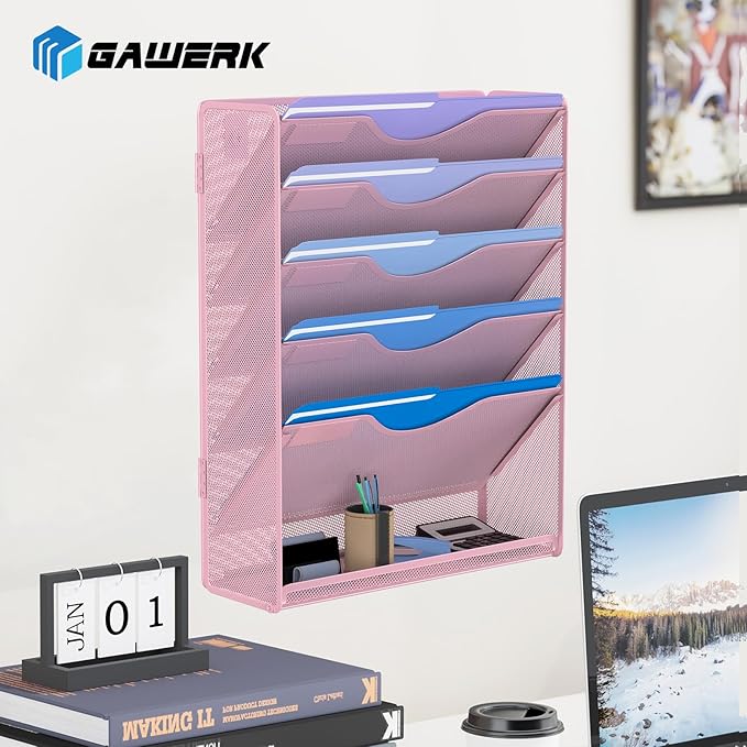 Gawerk 6 Tier Hanging File Organizer, Mesh Wall File Holder Paper Folder Rack with Bottom Flat Tray for Office Home, Pink