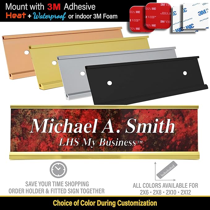 Custom Name Plate with Choice of Mounting for Walls, Doors, Cubicles, Hanging and More - Personalized Red Plastic White Letters - USA Made 2x12 - B7