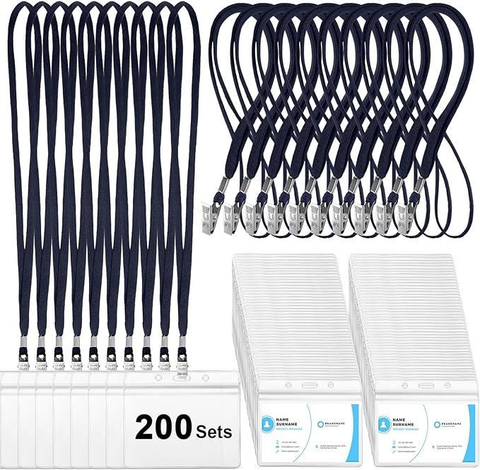Marspark 200 Sets Clear Name Tags with Lanyard, Lanyards for ID Badges Reusable Strap with ID Holder Plastic Name Badges for Adults Business School Church Conference (Dark Blue)