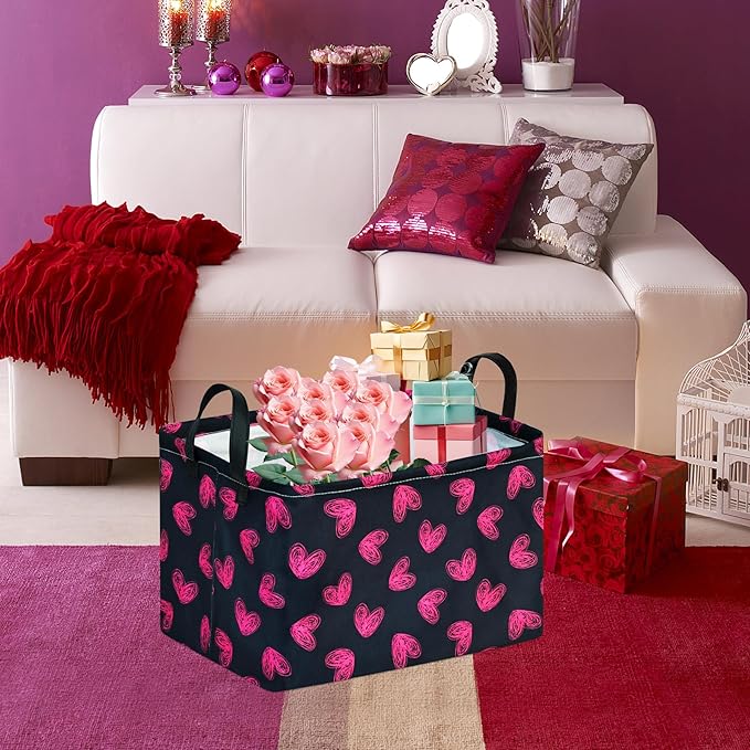 FUULOXE Rectangular Valentines Basket Storage Bin for Shelves Girls Gifts Baskets Foldable Box with Handles for Home Office Car Dormroom Valentine's Day Party Supplies