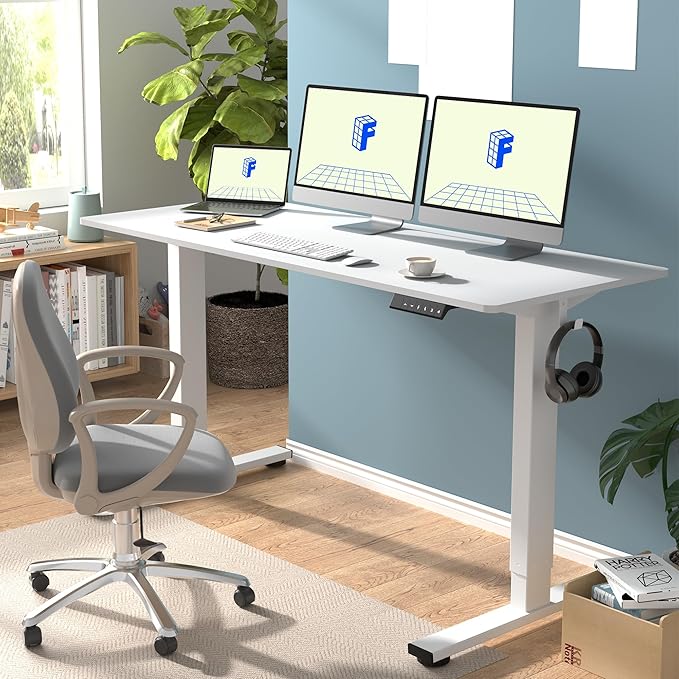 FLEXISPOT EN1 One-Piece Standing Desk with 1-Inch Thick Seamless Desktop, 60"x24" Electric Height Adjustable Desk for Home Office, Multi-Monitor Setups & Easy Assembly, White