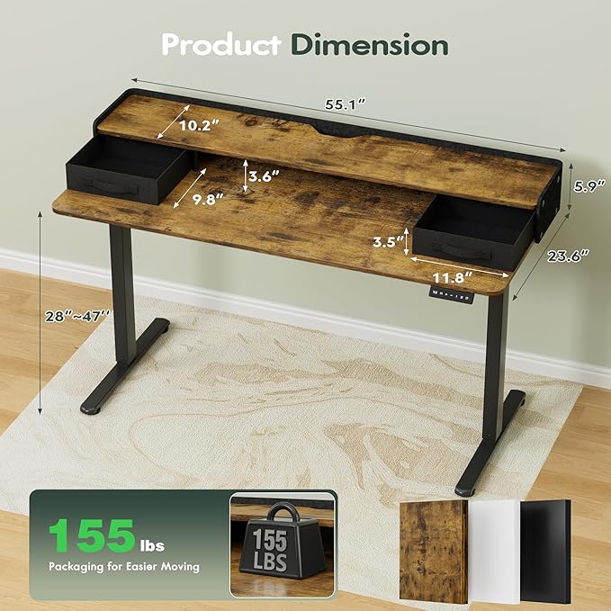 Homall Electric Standing Desk with 2 Drawers, Adjustable Height Computer Desk with Storage Sit Stand Table with Storage Shelf and Splice Board Quick Install for Home Office (Rustic Brown, 55 Inch)