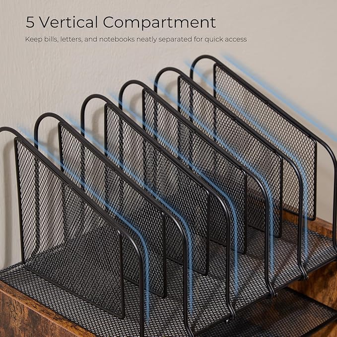 Y YOMA Wooden Desk Organizer, 4-Tier Mesh Desk Organizer with Drawer, Paper Tray & 5 Vertical File Holders, 2 Pen Holders, Desktop Organizer and Accessories for Home Office Dorm