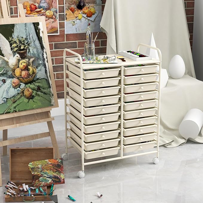 Happygrill 20-Drawer Organizer Cart Tools, Mobile Utility Storage Cart with Removable Drawers & Lockable Wheels, Rolling Storage Cart with wheels for Home Office School (White)