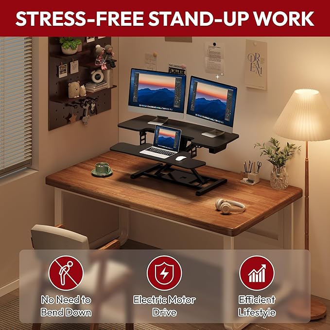 SANODESK 35" Electric Standing Desk Converter,Height Adjustable Riser for Office Home, Monitor and Laptop Workstation with Large Keyboard Tray, Black Color