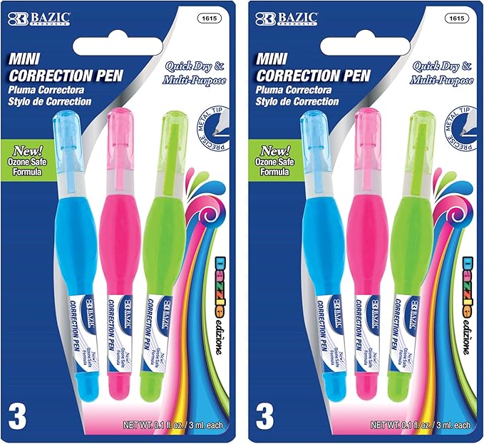 BAZIC Products Mini Correction Pen - Corrections Fluid, Precise Metal Tip White Out, Ideal for School & Office Supplies, Alternative to Correction Solution, 3/Pack, 2-Packs