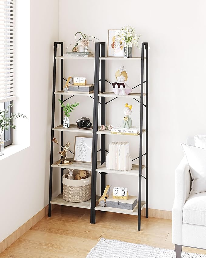Hzuaneri Ladder Shelf, Bookshelf Bookcase, Freestanding Corner Storage Shelve with 2 Hooks for Home Office, Living Room, Kitchen, Bedroom, Industrial, 11.8" D x 17.3" W x 63" H, Greige BC19205B