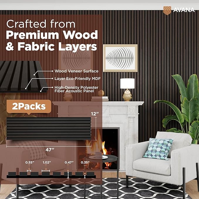 Avana Modern Acoustic Wood Wall Panels – 47.2 x 12.6 Inch Smoke Oak Acoustic Panels 2 PCs – Wall Panels For Interior Wall Decor For Homes, Offices, Studios – Sturdy And Durable Wood Panels For Wall