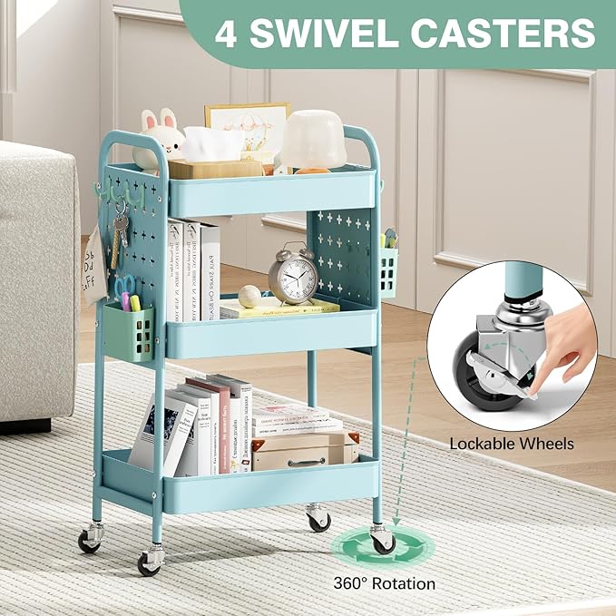 KINGRACK 3 Tier Rolling Cart with DIY Hanging Board, Metal Rolling Utility Cart with Wheels Handles Baskets Hooks, Rolling Storage Cart Suitable for Bathroom, Kitchen, Office, Nursery Diaper（Blue）
