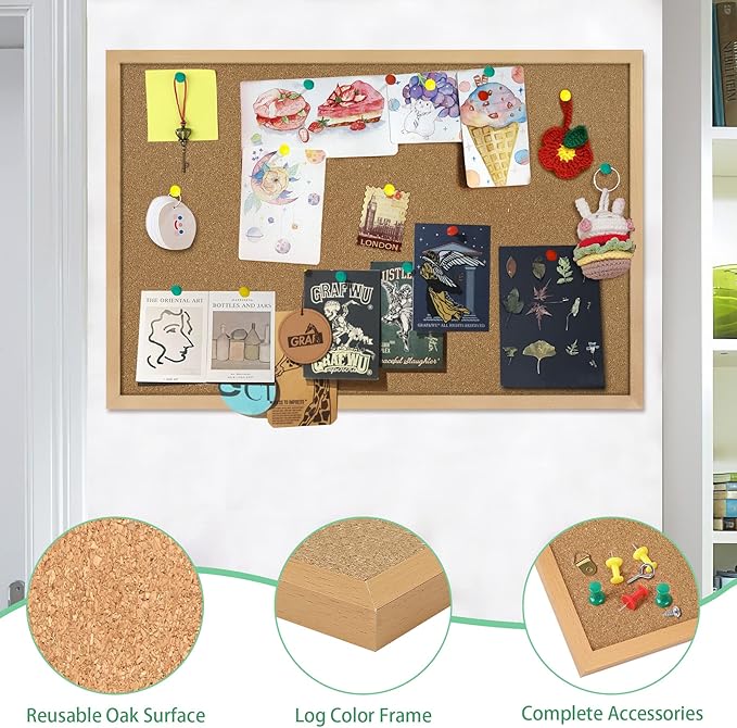 Cork Board Bulletin Board 23 x 15.7Inches with Rectangle Wooden Frame Hanging Pin for Walls Office Message Board or Vision Board Decoration