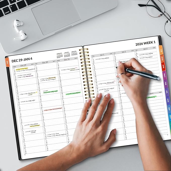 SUNEE 2026 Appointment Book, Quarter-Hourly, Weekly & Monthly - from January 2026 - December 2026, 8.5"x11" Weekly Planner, Flexible Cover, Note Pages, Pockets, Bookmark, Spiral Binding, Black