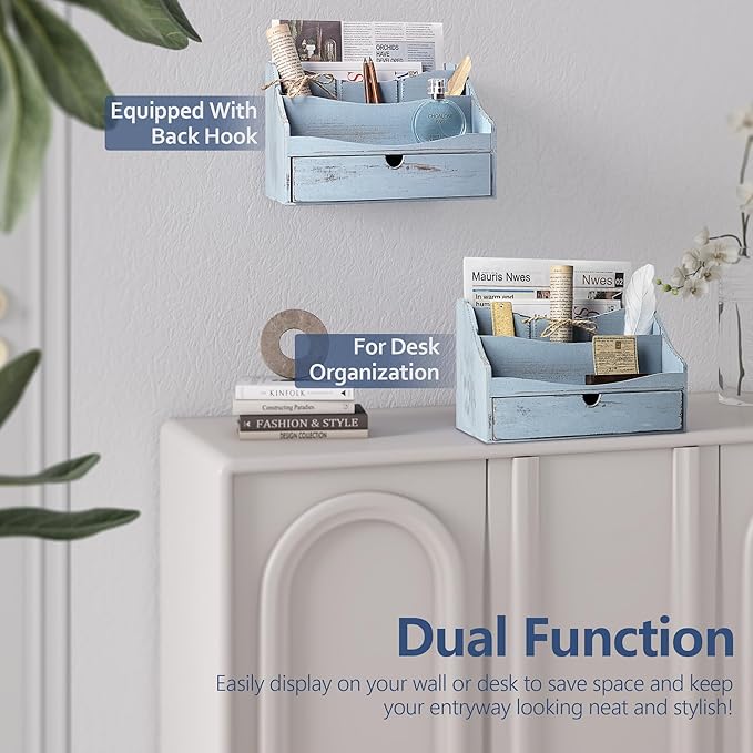 Rebee Vision Pine Wooden Mail Organizer for Desk - Rustic Farmhouse Mail Holder for Desk Organization with Drawer & Dividers - 4-Slot Letter Sorter, File Storage & Home Office Decor (Blue)